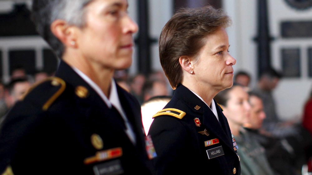 U.S. Brigadier General Diana Holland (R) arrives for a ceremony where she assumed the role as the first female Commandant of Cadets at the U.S. Military Academy at West Point, New York, Jan. 5, 2016. (Photo by Mike Segar/Reuters)
