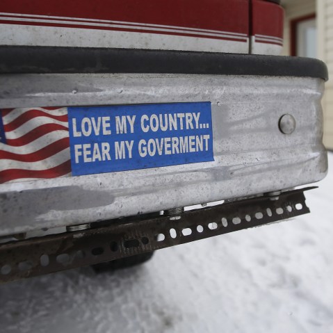 A bumper sticker on a private truck is seen in front of a residential building at the Malheur National Wildlife Refuge near Burns, Ore., Jan. 5, 2016. (Photo by Jim Urquhart/Reuters)