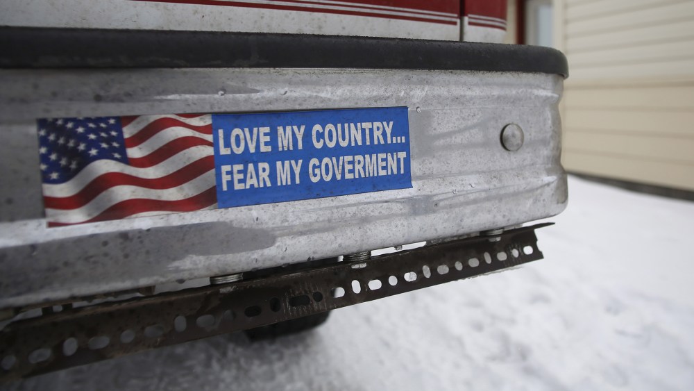 A bumper sticker on a private truck is seen in front of a residential building at the Malheur National Wildlife Refuge near Burns, Ore., Jan. 5, 2016. (Photo by Jim Urquhart/Reuters)