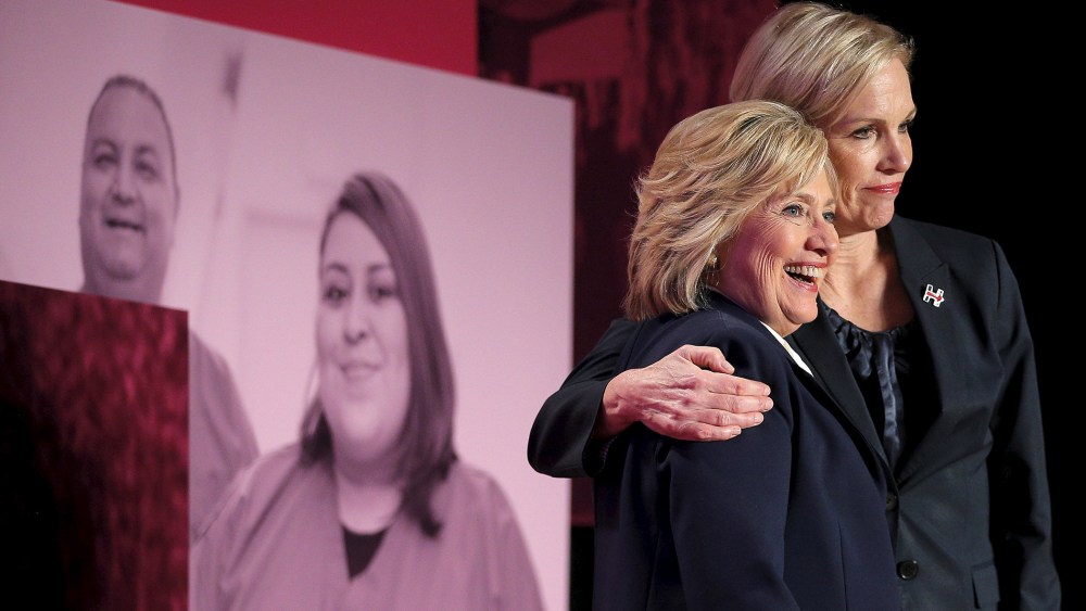 Planned Parenthood Action Fund President Cecile Richards hugs Democratic presidential candidate Hillary Clinton after Planned Parenthood Action Fund publicly endorsed Clinton in Hooksett, N.H., Jan. 10, 2016. (Photo by Brian Snyder/Reuters)