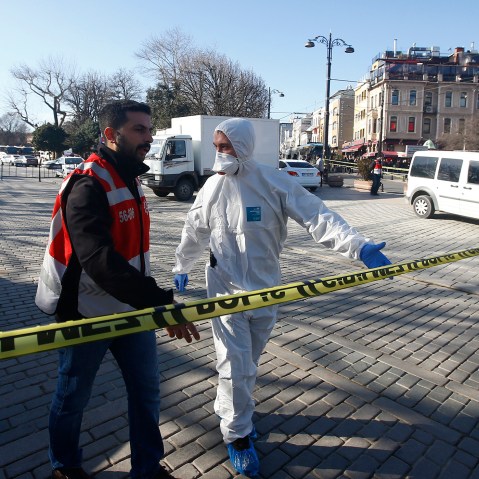 Emergency services attend the scene after an explosion near the Ottoman-era Sultanahmet mosque, known as the Blue mosque in Istanbul, Turkey Jan. 12, 2016. (Photo by Osman Orsal/Reuters)