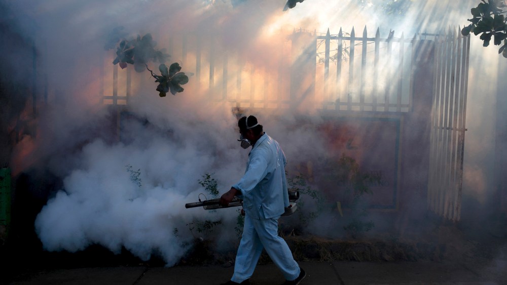 A health ministry worker fumigates a house to kill mosquitoes during a campaign against dengue and chikungunya and to prevent the entry of Zika virus in Managua, Nicaragua, Jan. 26, 2016. (Photo by Oswaldo Rivas/Reuters)