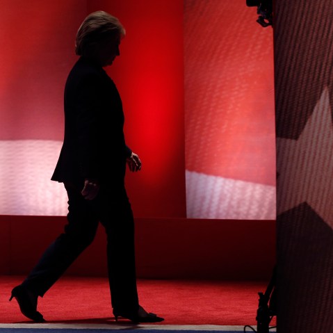 Hillary Clinton walks offstage during a break after a fiery exchange with rival candidate Bernie Sanders during the MSNBC Democratic debate in Durham, N.H., Feb. 4, 2016. (Photo by Mike Segar/Reuters)