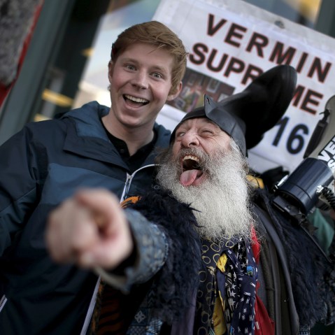 Vermin Supreme, a candidate for U.S. president campaigns along Elm Street in downtown Manchester, N.H., Feb. 6, 2016. (Photo by Mike Segar/Reuters)