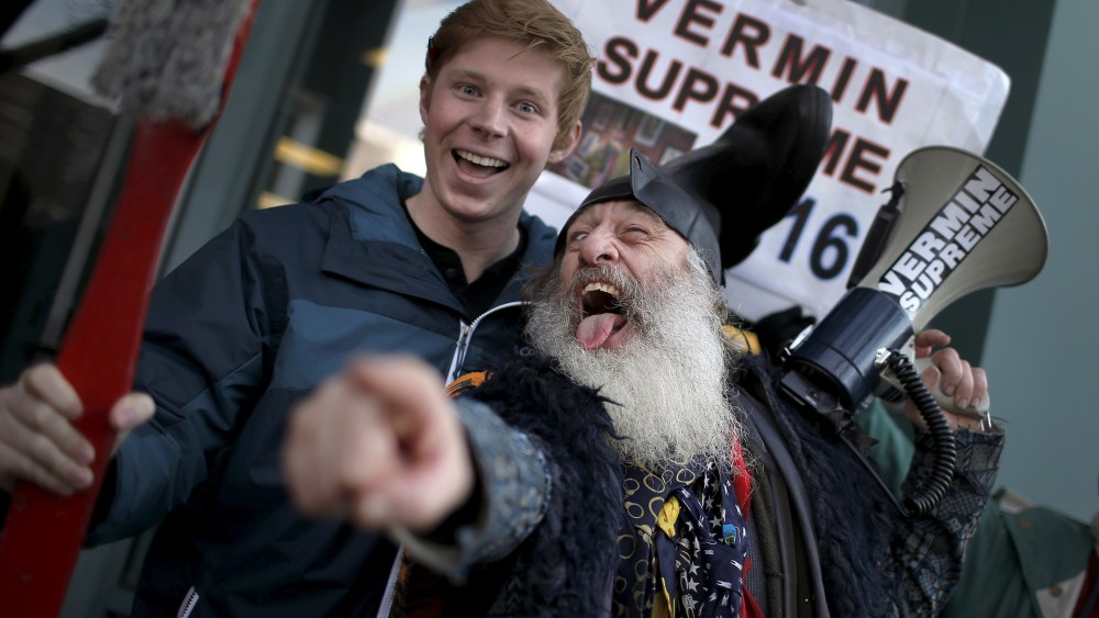 Vermin Supreme, a candidate for U.S. president campaigns along Elm Street in downtown Manchester, N.H., Feb. 6, 2016. (Photo by Mike Segar/Reuters)