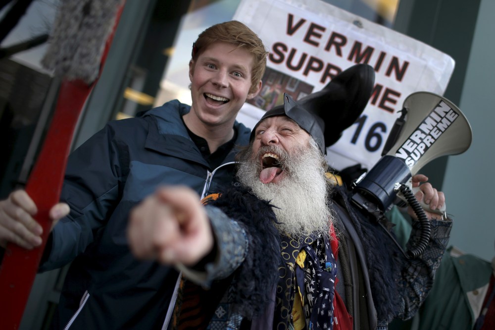 Vermin Supreme, a candidate for U.S. president campaigns along Elm Street in downtown Manchester, N.H., Feb. 6, 2016. (Photo by Mike Segar/Reuters)