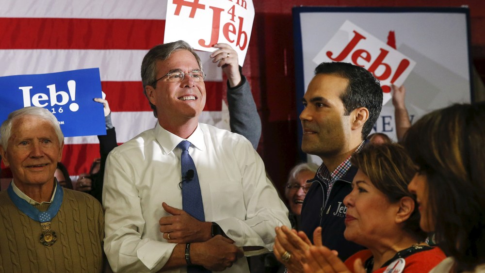 Republican U.S. presidential candidate Jeb Bush stands near his son George P. Bush and wife Columba before addressing a town hall during a campaign stop at Woodbury School in Salem, N.H., Feb. 7, 2016. (Photo by Adrees Latif/Reuters)