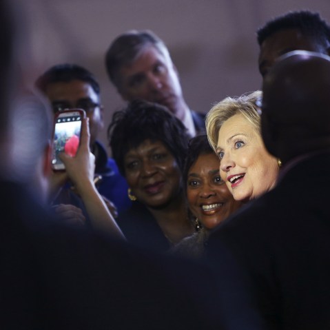 Democratic presidential candidate Hillary Clinton greets supporters after a forum at Denmark-Olar Elementary School in Denmark, S.C., Feb. 12, 2016. (Photo by Jonathan Ernst/Reuters)