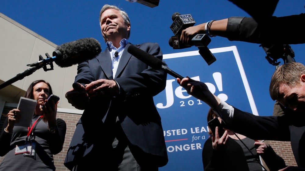 Republican presidential candidate Jeb Bush talks to reporters after a town hall meeting at a gun factory called FN America in Columbia, S.C., Feb. 16, 2016. (Photo by Jonathan Ernst/Reuters)