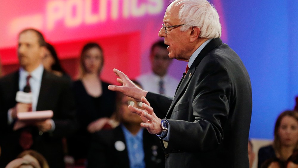 Democratic presidential candidate Bernie Sanders answers questions during a campaign town hall hosted by MSNBC and Telemundo in Las Vegas, Nev., Feb. 18, 2016. (Photo by Jim Young/Reuters)