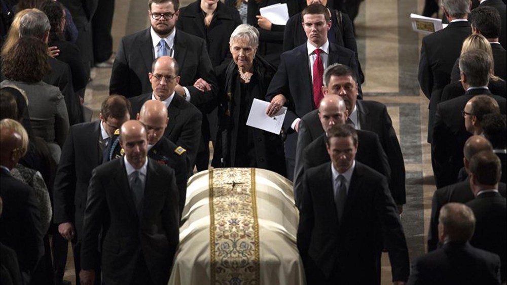 Supreme Court Justice Antonin Scalia's widow, Maureen McCarthy Scalia, walks behind the casket following his funeral Mass at the Basilica of the National Shrine of the Immaculate Conception in Washington, Feb. 20, 2016. (Photo by Doug Mills/Reuters)
