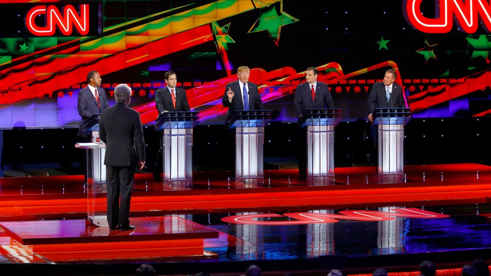 Republican presidential candidates participate during the Republican Presidential Primary Debate on Feb. 25, 2016 in Houston, Texas. (Photo by Mike Stone/Reuters)
