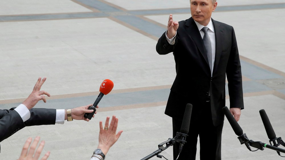Russian President Vladimir Putin gestures during a meeting with journalists after a live broadcast nationwide call-in in Moscow, Russia, April 14, 2016. (Photo by Maxim Shemetov/Reuters)