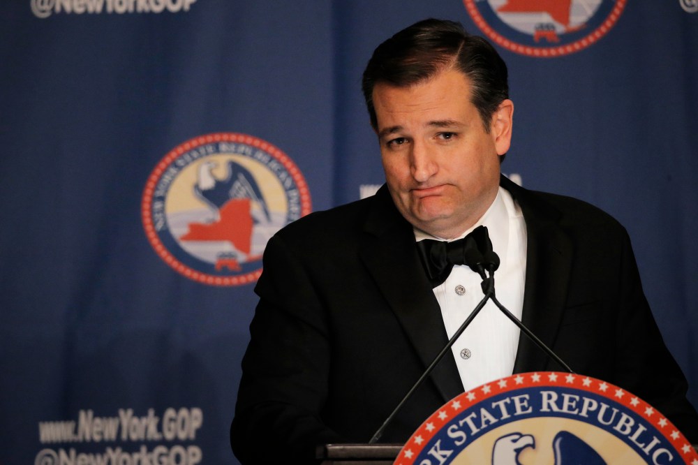 Republican presidential candidate Ted Cruz pauses as he speaks at the 2016 New York State Republican Gala in New York City, April 14, 2016. (Photo by Brendan McDermid/Reuters)