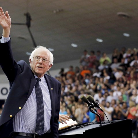 Democratic U.S. presidential candidate Bernie Sanders waves after speaking on the campus of Penn State University in State College, Penn. on April 19, 2016. (Photo by Lucas Jackson/Reuters)