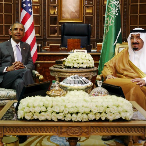 President Barack Obama meets with Saudi King Salman at Erga Palace upon his arrival for a summit meeting in Riyadh, Saudi Arabia, April 20, 2016. (Photo by Kevin Lamarque/Reuters)