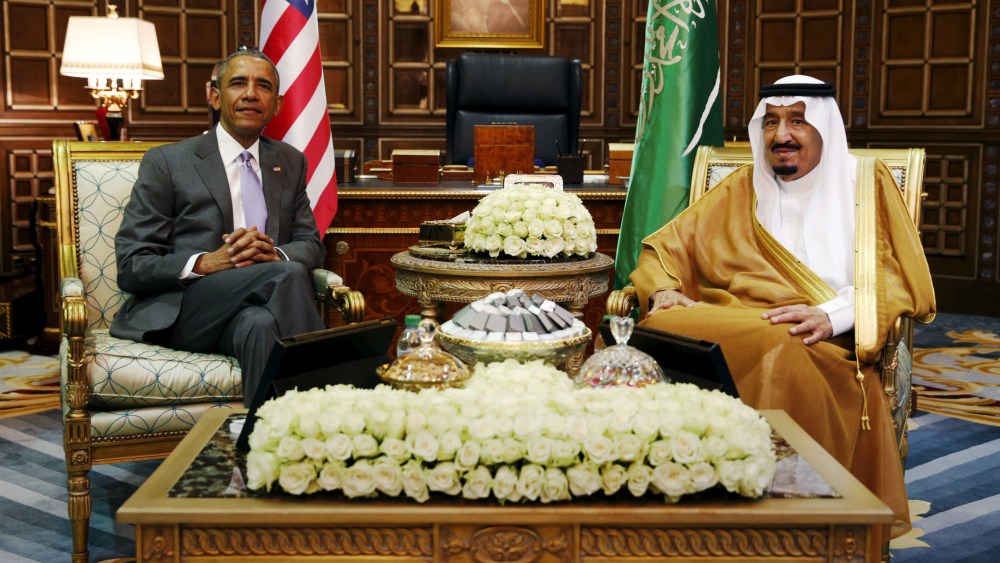 President Barack Obama meets with Saudi King Salman at Erga Palace upon his arrival for a summit meeting in Riyadh, Saudi Arabia, April 20, 2016. (Photo by Kevin Lamarque/Reuters)