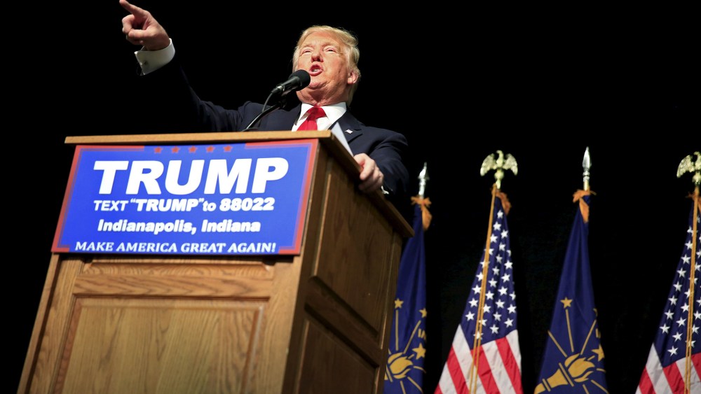 Republican presidential candidate Donald Trump speaks at a campaign event at the Indiana State Fairgrounds in Indianapolis, Ind., April 20, 2016. (Photo by Aaron Bernstein/Reuters)