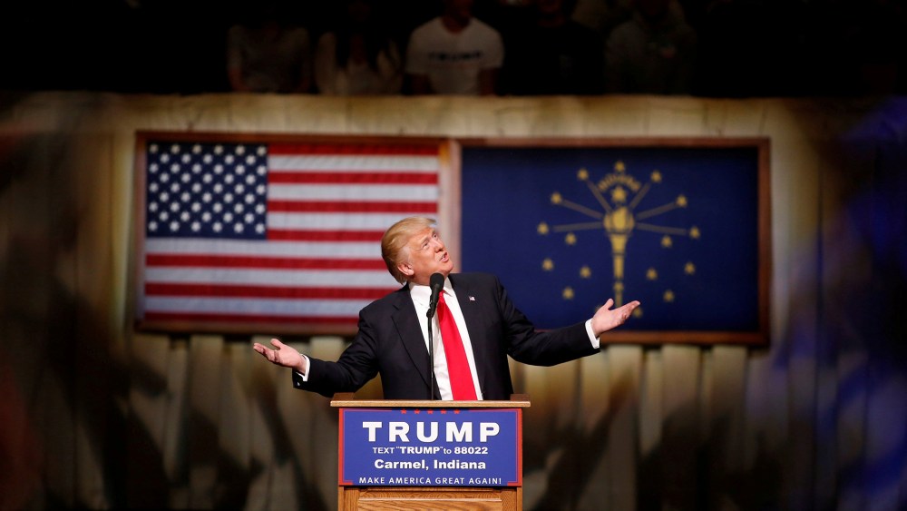 Republican presidential candidate Donald Trump speaks at a campaign event at The Palladium at the Center for Performing Arts in Carmel, Ind., May 2, 2016. (Photo by Aaron P. Bernstein/Reuters)