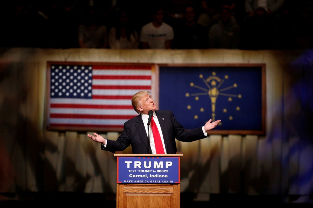 Republican presidential candidate Donald Trump speaks at a campaign event at The Palladium at the Center for Performing Arts in Carmel, Ind., May 2, 2016. (Photo by Aaron P. Bernstein/Reuters)