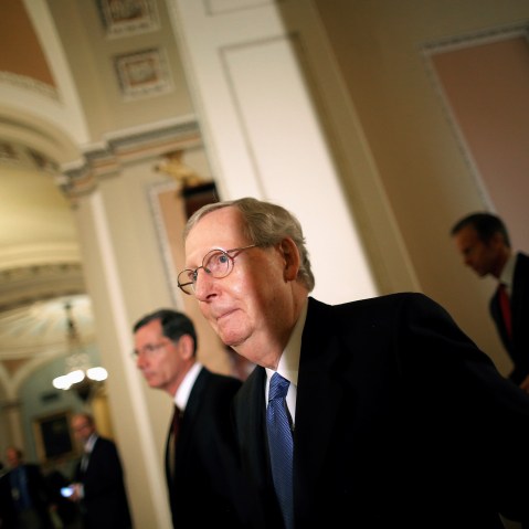 Senate Majority Leader Senator Mitch McConnell (R-KY) arrives to talk to the media after a weekly Senate Republican luncheon on Capitol Hill in Washington, May 10, 2016. (Photo by Carlos Barria/Reuters)