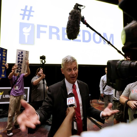 Libertarian Party presidential candidate Gary Johnson talks to the media after receiving the nomination during the National Convention held at the Rosen Center in Orlando, Fl., May 29, 2016. (Photo by Kevin Kolczynski/Reuters)