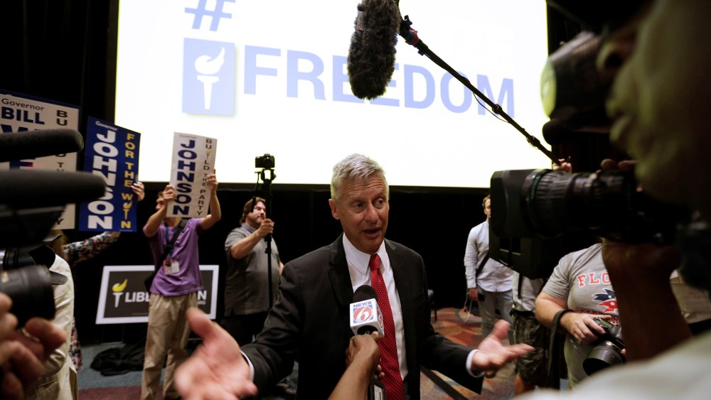 Libertarian Party presidential candidate Gary Johnson talks to the media after receiving the nomination during the National Convention held at the Rosen Center in Orlando, Fl., May 29, 2016. (Photo by Kevin Kolczynski/Reuters)