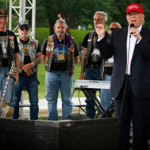 Republican U.S. presidential candidate Donald Trump addresses bikers as part of the Rolling Thunder speakers program at the Reflecting Pool near the Lincoln Memorial in Washington, May 29, 2016. (Photo by Jonathan Ernst/Reuters)