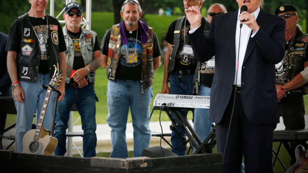 Republican U.S. presidential candidate Donald Trump addresses bikers as part of the Rolling Thunder speakers program at the Reflecting Pool near the Lincoln Memorial in Washington, May 29, 2016. (Photo by Jonathan Ernst/Reuters)
