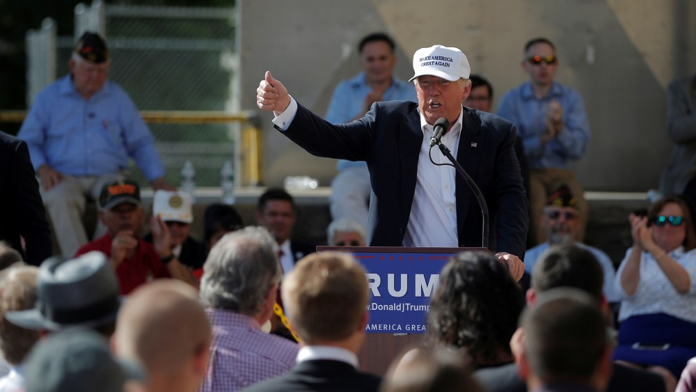 Republican presidential candidate Donald Trump speaks at a campaign town hall meeting outside a closed Osram Sylvania manufacturing facility in Manchester, N.H., June 30, 2016. (Photo by Brian Snyder/Reuters)