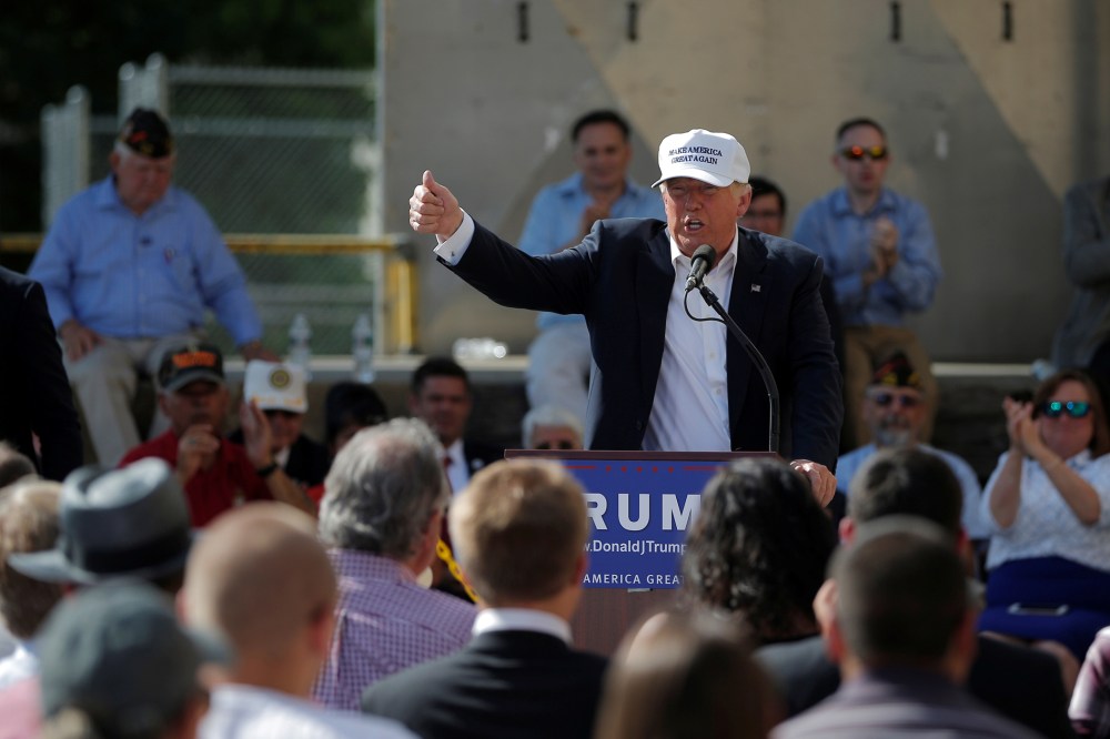 Republican presidential candidate Donald Trump speaks at a campaign town hall meeting outside a closed Osram Sylvania manufacturing facility in Manchester, N.H., June 30, 2016. (Photo by Brian Snyder/Reuters)