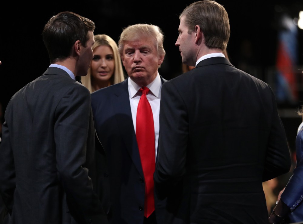 Republican U.S. presidential nominee Donald Trump is greeted by his family after the third and final debate with Democratic U.S. presidential nominee Hillary Clinton in Las Vegas, Nev., Oct. 19, 2016. (Photo by Joe Raedle/Reuters)