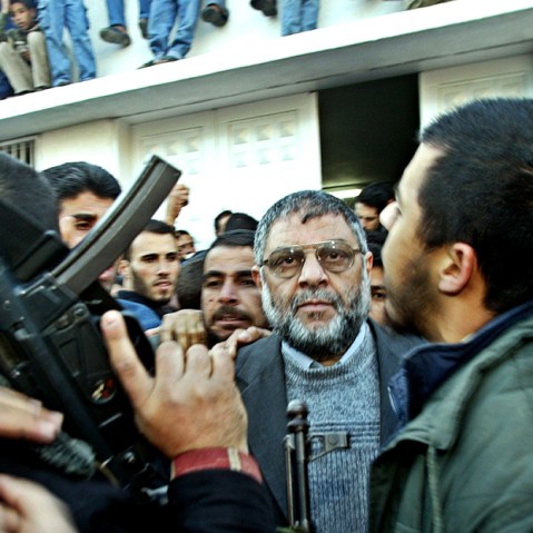 Abdel Aziz al-Rantissi, the top Hamas political leader, speaks to the press in front of the morgue containing the body of Sheikh Ahmed Yassin in Gaza city March 22, 2004. (Photo by Mohammed Salem/Reuters)