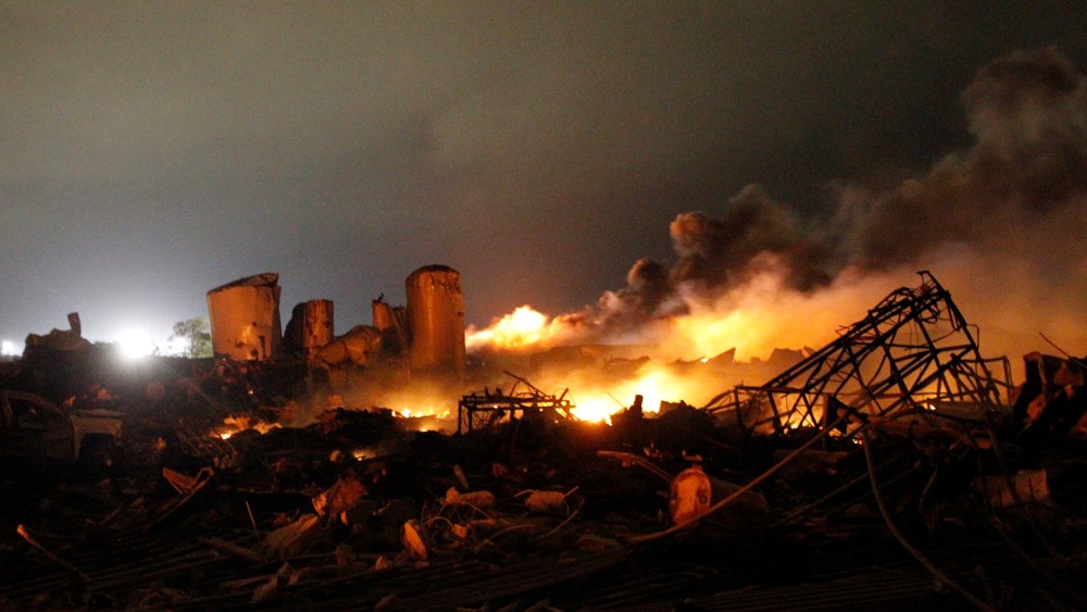 The remains of a fertilizer plant burn after an explosion at the plant in the town of West, near Waco, Texas early April 18, 2013.