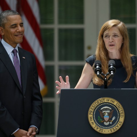 President Barack Obama with United Nations Ambassador Susan Rice, his choice to be his next National Security Advisor, current National Security Advisor Tom Donilon, and Samantha Power, his nominee to be the next United Nations Ambassador, in the Rose...