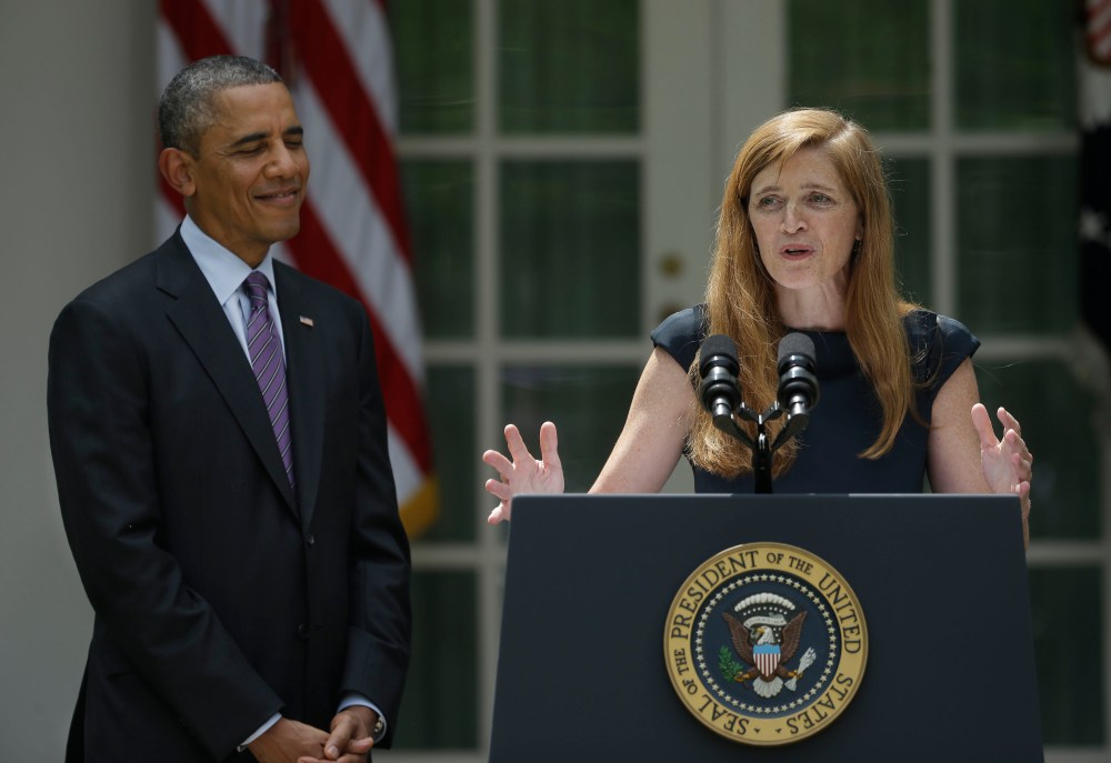 President Barack Obama with United Nations Ambassador Susan Rice, his choice to be his next National Security Advisor, current National Security Advisor Tom Donilon, and Samantha Power, his nominee to be the next United Nations Ambassador, in the Rose...