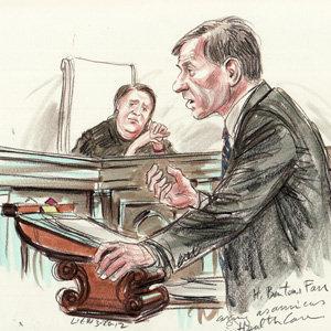A sketch of attorney H. Bartow Farr III speaking in front of Justice Elena Kagan at the U.S. Supreme Court on Wednesday.