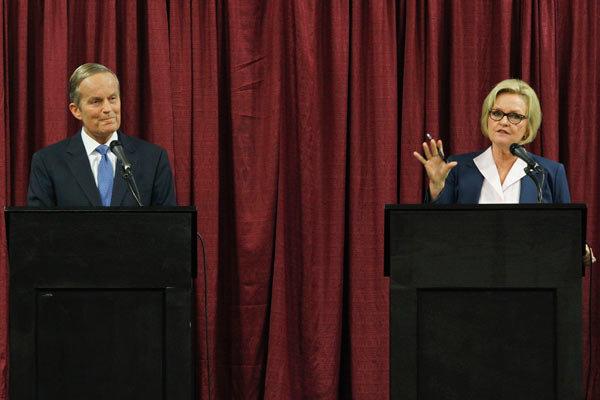 Missouri Senate candidates Todd Akin and Senator Claire McCaskill debating Friday in Columbia, Missouri.