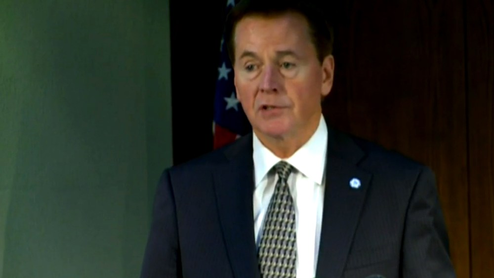 Screen grab from a televised press conference given by Akron Mayor Garry Moneypenny, following his announcement not to seek election in November. (Photo courtesy of WKYC-TV)