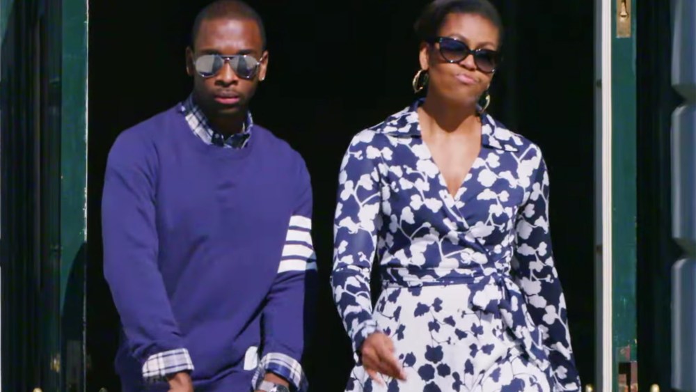 First Lady Michelle Obama and SNL cast member Jay Pharoah rap about college in a new College Humor video. (Screen grab courtesy of College Humor)