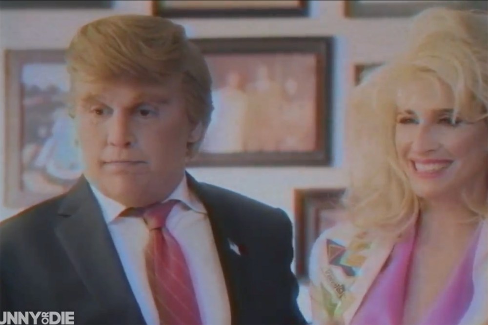 Johnny Depp as Donald Trump and Michaela Watkins as Ivana Trump in "Funny or Die Presents Donald Trump's The Art of The Deal: The Movie". (Photo courtesy of Funny or Die)