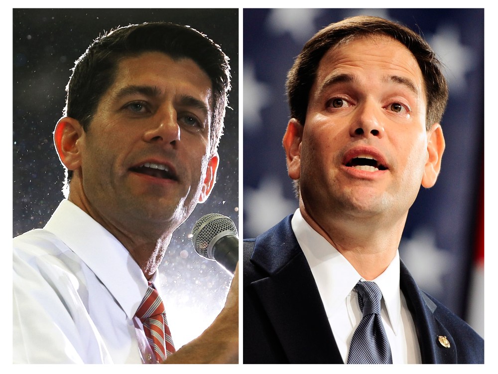 File Photo (L-R) Rep. Paul Ryan (R-WI)  speaks to supporters during a campaign rally at the Fredericksburg Expo and Conference Center, on October 16, 2012 in Fredericksburg, Virginia.  (Photo by Mark Wilson/Getty Images)  Sen. Marco Rubio (R-FL) speaks...