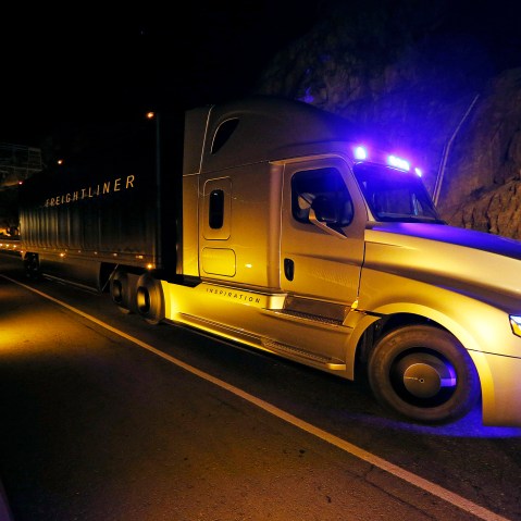 Freightliner unveils its Inspiration self-driving truck during an event at the Hoover Dam Tuesday, May 5, 2015, near Boulder City, Nev.