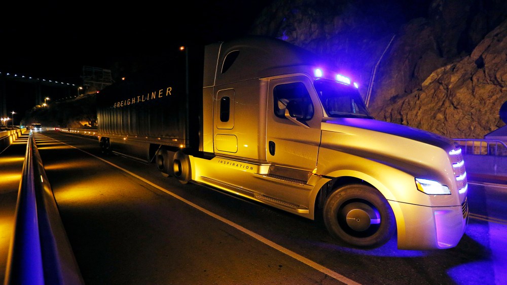 Freightliner unveils its Inspiration self-driving truck during an event at the Hoover Dam Tuesday, May 5, 2015, near Boulder City, Nev.