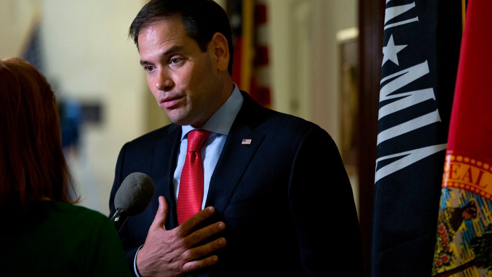 Sen. Marco Rubio, R-Fla., speaks to media outside his office on Capitol Hill in Washington, June 22, 2016. (Photo by Carolyn Kaster/AP)