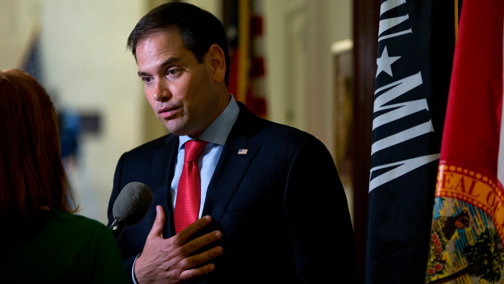 Sen. Marco Rubio, R-Fla., speaks to media outside his office on Capitol Hill in Washington, D.C., June 22, 2016. (Photo by Carolyn Kaster/AP)