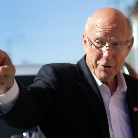 Sen. Pat Roberts, R-Kan., points to supporters during a campaign stop in Leavenworth, Kan., on Oct. 30, 2014.