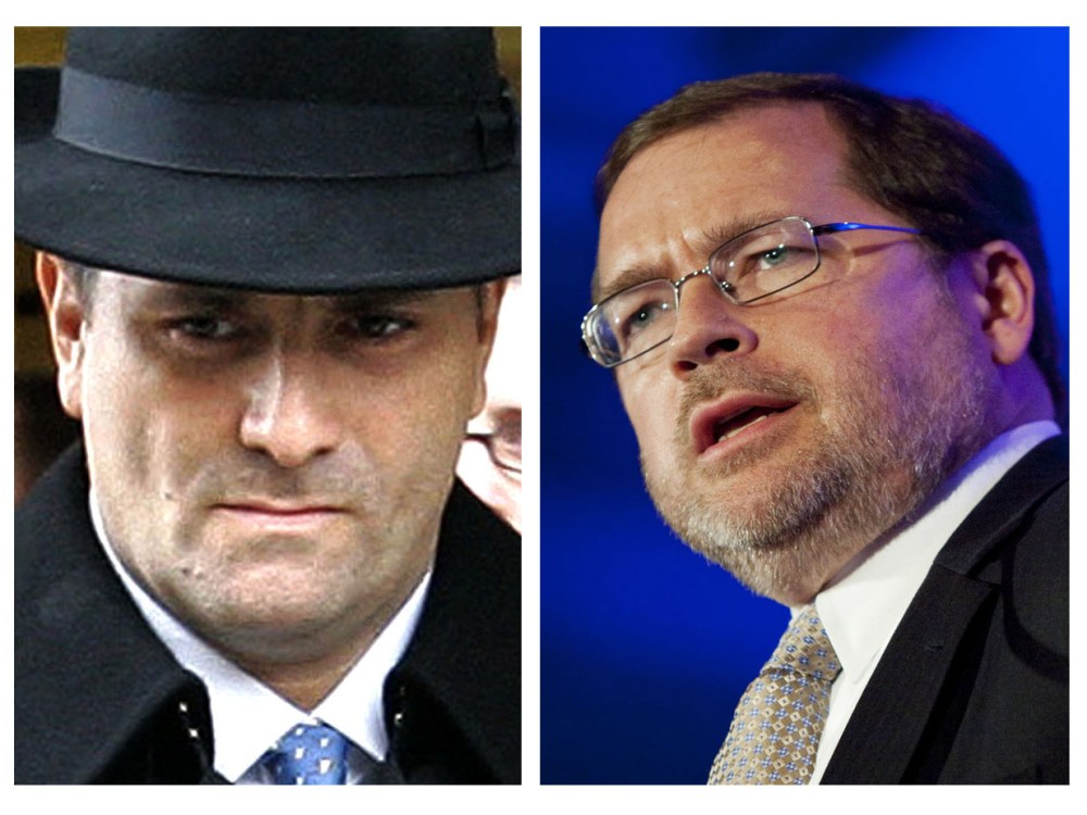 File Photo: (L-R) In this Jan. 3, 2006 file photo, Jack Abramoff leaves Federal Court in Washington. (Photo by Gerald Herbert/AP Photo) Grover Norquist, chairman of Americans for Tax Reform, speaks at the Faith and Freedom Coalition in Washington...