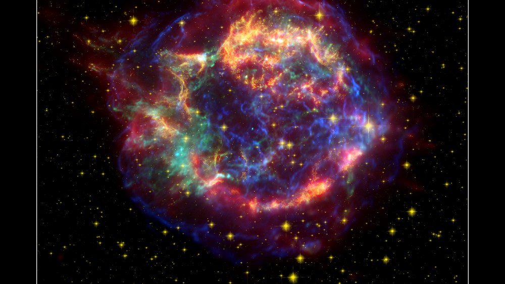 This stunning false-color picture shows off the many sides of the supernova remnant Cassiopeia A.