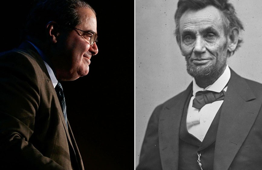 U.S. Supreme Court Justice Antonin Scalia at a Northern Virginia Technology Council event in McLean, Virginia on December 13, 2006. (File photo by Alex Wong/Getty Images); President Abraham Lincoln pictured on Feb. 5, 1865. (File photo by Alexander...